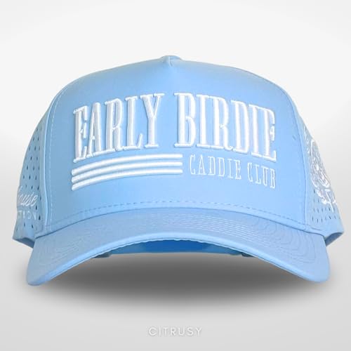 CITRUSY Athletic Trucker Golf Hat | Performance Mens 5 Panel Cap | Cool Breathable Waterproof Workout Running Snapback - color: Early Birdie | Light Blue