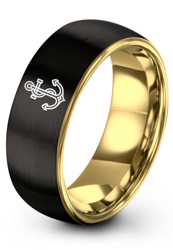 Gift for Nautical Fan - Anchor With Rope Ring - Men Women - Tungsten - Flat Dome Bevel - Band - Yellow Gold Black Silver Blue - Anniversary Wedding - 8mm - Brushed Polished - Personalized Custom Engra - color: 02 - Rose Gold Black Tungsten