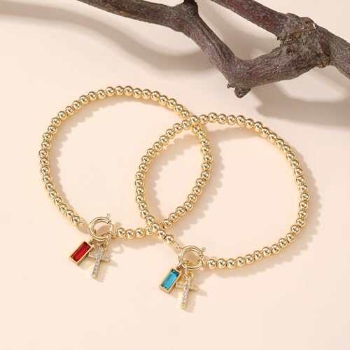 Korotho Cross Birthstone Bracelet for Women - Dainty Elastic 14K Gold Plated Bead Bracelets Trendy Waterproof Non Tarnish Birthday Jewelry Gifts Birthday Christmas Stocking Stuffer for Mom Friends - color: 05-May(Emerald)