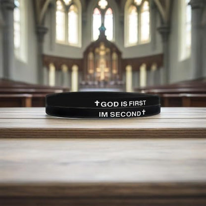 LIU JUN God Is First Bracelet, GOD IS FIRST IM SECOND Christian Rubber Bracelets Inspirational Engraved Bible Verses Cross Silicone Bracelet For Women Men Faith Gifts - color: black-black