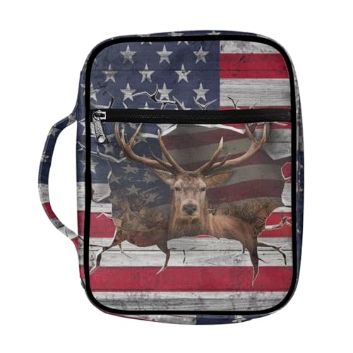 Suobstales 3D Deer American Flag Print Bible Covers for Women Men Bible Case Bible Bag and Tote Bible Accessories with Handle and Zippered Pocket Carrying Book Case - color: 3d Deer American Flag