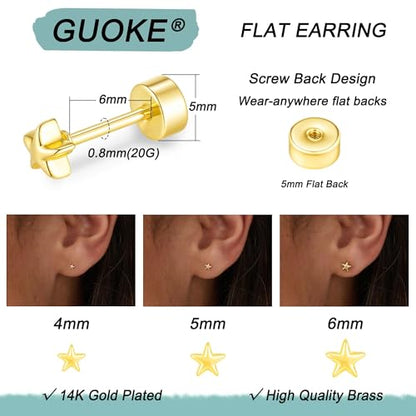 3 Pair Tiny Flat Back Earrings for Women - 14K Gold/White Gold Plated Dainty Cute Small Screw Flatback Stud Earring, Everyday Wear Gift - color: Gold-Star Flat 4/5/6mm