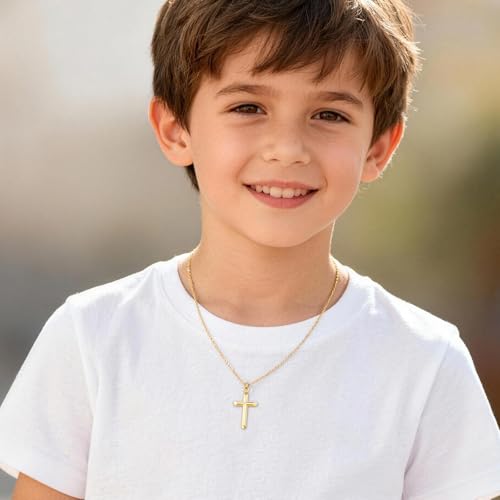 Gold Cross Necklace for Kids Teens - 14k Gold Plated Minimalist Cross Necklaces,Non Tarnish Golden Religious Faith Christening Jewelry,First Communion Baptism Confirmation Easter Gift for Girls Boys
