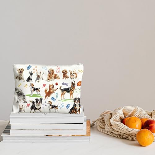 2 Pack Canvas Tote Bag with Makeup Zipper Pouch Colorful Polyester Printed Reusable Shopping Bags for Women - style: Dog
