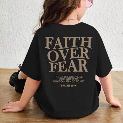 Girls Faith Over Fear Christian Shirts for Kids Jesus God Bible Verse Religious Tshirt Cute Preppy Graphic Tees Tops - color: Black, size: 11-12 Years