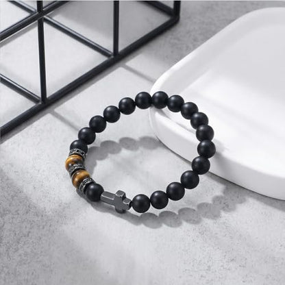 QWNHONEY Cross Bracelet for Men Son Brother Baptism Communion Birthday Anniversary Christmas Christian Black Tiger Eyes Bead - style: On your confirmation