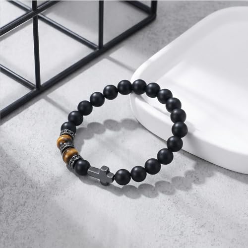QWNHONEY Cross Bracelet for Men Son Brother Baptism Communion Birthday Anniversary Christmas Christian Black Tiger Eyes Bead - style: On your Baptism day