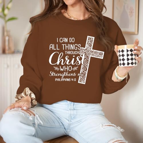 KEEVICI Christian Jesus Sweatshirts For Women Religious Bible Verse Cross Sweatshirt God Hoodie Faith Long Sleeve Shirts - color: Brown, size: X-Large