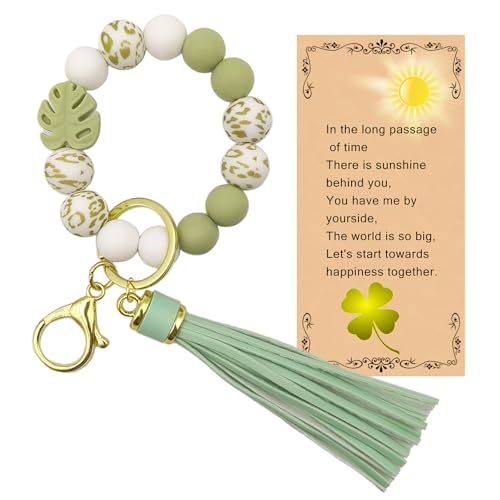 SHINYHARBOR Silicone Beaded Wristlet Keychain Bracelet,Key Wrist Keychains for Women Mom Teachers Best Friend - color: Leaf-green