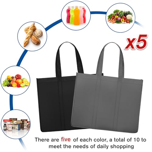 Reusable Grocery Shopping Bags 10 Pack Large Foldable Tote Bags Bulk - color: Black, Dark Grey