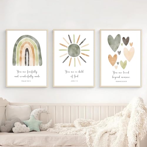 GlimArt Nursery Bible Verse Canvas Wall Art Poster Sage Green Rainbow Watercolors Art Print Poster Baby Christian Painting Pictures for Girl Baby Kids Room Decor 16x20 Inch Unframed Set of 3 - color: Green Nursery Art Prints, size: 16x20 Inch