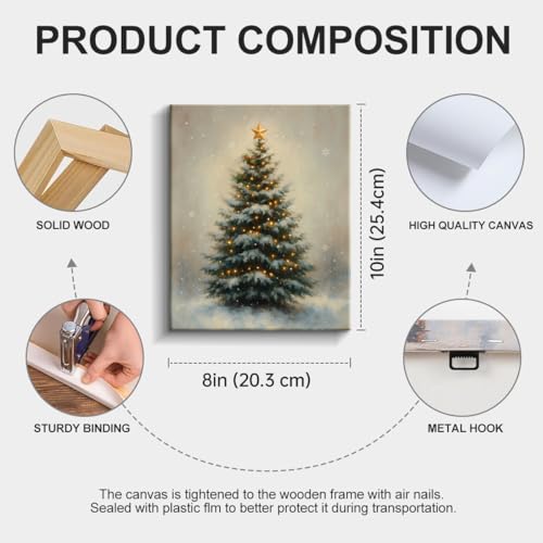 Vintage Christmas Decorations - Classic Christmas Tree Wall Art Picture Painting Artwork - Indoor Holiday Christmas Gifts Decor for Wall Table Mantel Home Farmhouse 8"x10" Framed - color: Tree