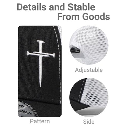 Christian Hats for Men Women,Jesus 3 Nail Cross Hat Christian Religious Gifts for Birthday/Christmas,Black and Silver - color: 04.black-white