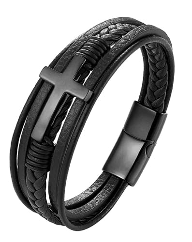 Cross Leather Bracelet for Men, Multi-Layer Braided Mens Religious Cuff Bracelets with Stainless Steel Clasp Anniversary Father's Day Birthday Christmas Jewelry Gifts for Him - color: Black Clasp & Black Leather