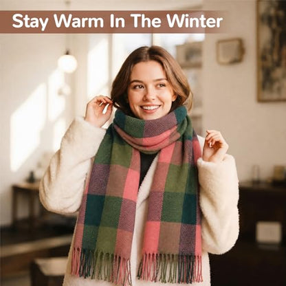 Loritta Winter Scarf for Women, Long Plaid Shawl Wraps Scarves Gifts - color: H- Red Green Lattice