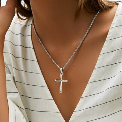 LOFITOR Mens Sterling Silver Cross Necklace for Women S925 Crucifix Pendant - size: 24 inches, style: Beveled Edge Cross Necklace
