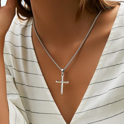LOFITOR Mens Sterling Silver Cross Necklace for Women S925 Crucifix Pendant - size: 28 inches, style: Beveled Edge Cross Necklace