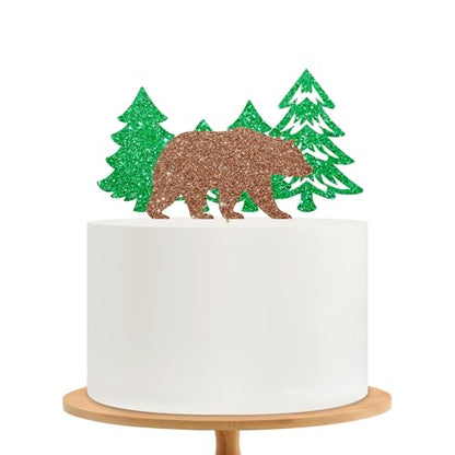One Camping Bear Cake Topper, Camping Birthday Cake Decor, Green Glitter Lumberjack Cake Topper for Woodland Themed Baby Shower Party Decoration - style: Woodland Bear