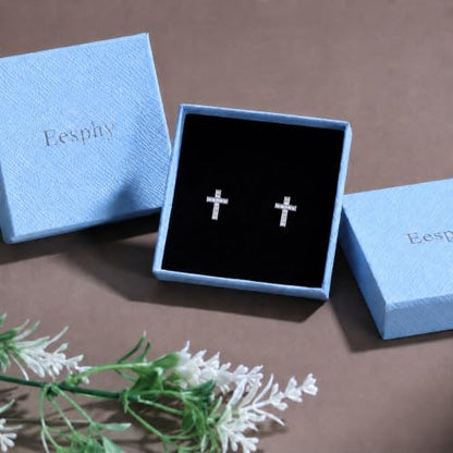 Dainty Cross Stud Earrings for Women, S925 Silver posts gold plated - color: White Gold