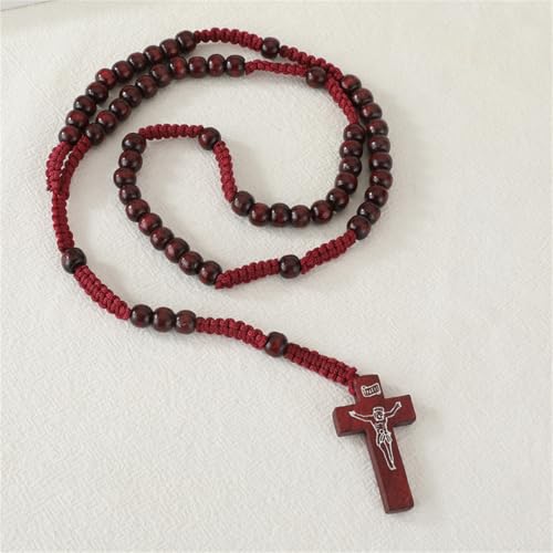 Natural Wood Beaded Cross Rosary Necklace Boho Handmade 8MM Wooden Beads with Jesus Cross Lightweight Rope Necklace for Men Women Religious Christian Prayer Fashion Jewelry Gifts - color: Wine red