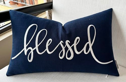 EURASIA DECOR Blessed Embroidered Lumbar Pillow Cover 12x20, Navy Blue - color: Navy Blue