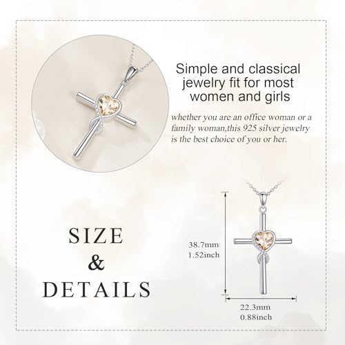 S925 Sterling Silver Cross Necklace for Women Birthstone Necklace Heart Infinity Cross Pendant Necklace Christmas Valentines Day Gifts Birthday Holiday Gifts for Her, 18"+2" Inches - color: 11-Nov Birthstone - Citrine