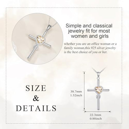 S925 Sterling Silver Cross Necklace for Women Birthstone Necklace Heart Infinity Cross Pendant Necklace Christmas Valentines Day Gifts Birthday Holiday Gifts for Her, 18"+2" Inches - color: 11-Nov Birthstone - Citrine