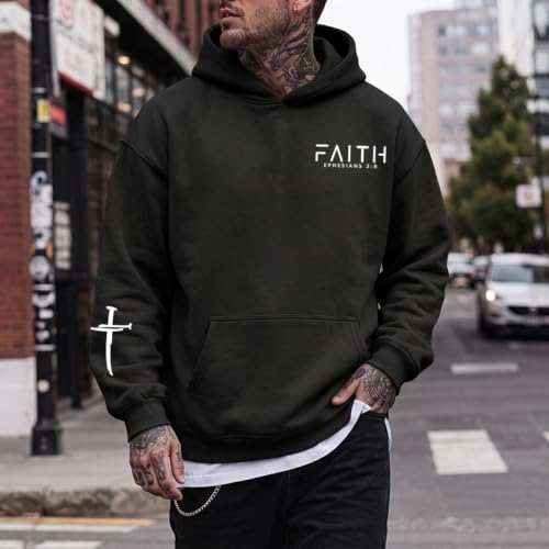 Christian Hoodies for Men Faith Cross Graphic Hoodie Jesus Fleece Sweatshirts Bible Verse Religious Pullover Tops - color: Black, size: Small