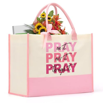jeilink Inspirational Religious Gifts Boss Mom Birthday Christmas Tote Bag Canvas Reusable Grocery Beach Tote Black Pink - color: Pray on It 1143