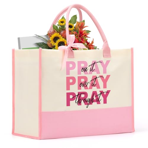 jeilink Inspirational Religious Gifts Boss Mom Birthday Christmas Tote Bag Canvas Reusable Grocery Beach Tote Black Pink - color: Pray on It 1143