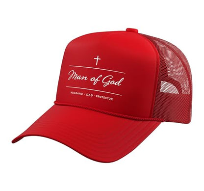 Father's Day Husband Dad Protector Christian Dad Man of God Trucker Hat with Adjustable Mesh Back - color: Red