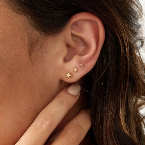 3 Pair Tiny Flat Back Earrings for Women - 14K Gold/White Gold Plated Dainty Cute Small Screw Flatback Stud Earring, Everyday Wear Gift - color: Gold-Star Flat 4/5/6mm