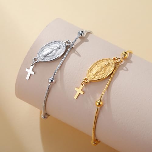 VASSAGO Virgin Mary Bracelet for Women Men Double-Sided Virgen de Guadalupe Rosary Bracelet Medal Handmade Braided Rope Catholic Christian Religious Jewelry Gift - color: Silver 13
