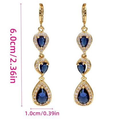18K Gold Plated, Dangle Earrings for Women, Flower/Heart Drop earrings, Hypoallergenic Cubic Zirconia Earrings, Lightweight, Party, gold earrings, Jewelry for Gifts, Fashion - style: 0354-Navy