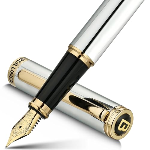 BEILUNER Silver Chrome Fountain Pen,Stunning Luxury with 24K Gold Accents, Gorgeous 24K Gilded Nib(Fine), Trustworthy Pen Gift for Men&Women -Ink Converter-Elegant, Graduation,Nice Pen for Writing - color: Silver Chrome and Gold Finish, style: Fine Nib