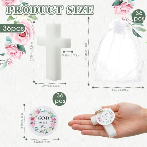 MTLEE 36 Set Baptism Favor Candles Cross Candles Baby Shower Favors Religious Holy Communion Christening Gifts for Christian Guests Party Wedding Birthday(Eucalyptus Flower Tag) - style: Eucalyptus Flower Tag