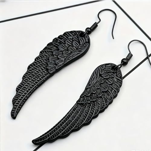 coadipress Angel Wing Earrings for Women Unique Silver Plated Fairy Feather Guardian Dangle Drop Hook Earrings Jewelry - color: Black Wing
