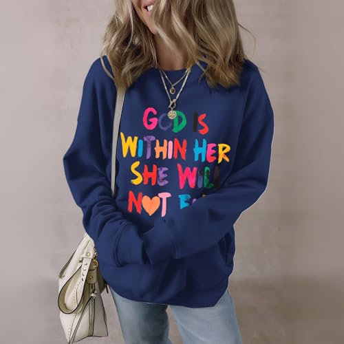 Wrenpies Christian God Is Within Her Sweatshirts for Women Jesus Faith Bible Verse Shirts Inspirational Hoodie Pullover Tops - color: Navy Blue, size: Medium