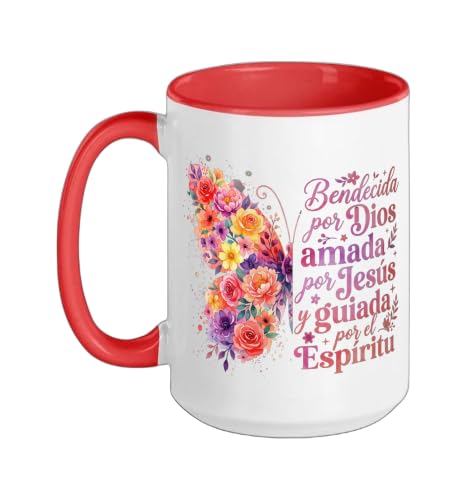 Bendecida Por Dios Amada Por Jesus Christian Spanish Floral Ceramic Mug, Red/White, 15oz - color: Red/White, size: 15 Ounces