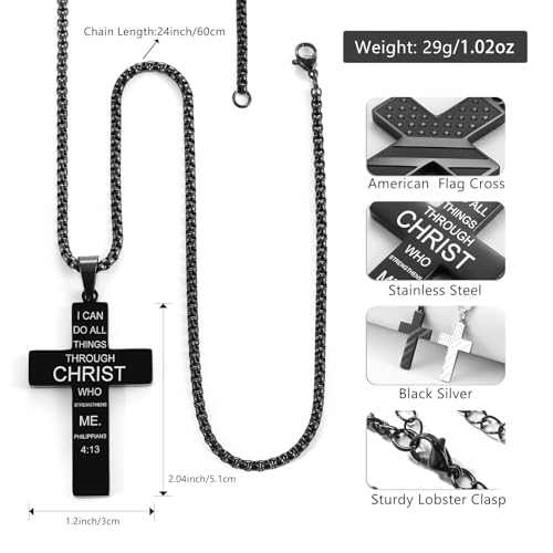 RWQIAN American Flag Cross Necklace for Men Bible Verse, Christian Religious Scriptures Faith Baptism 1st First Communion Pendant Chain for Boys, Fathers Dad Day Graduation Jewelry Gifts for Him - color: Black, style: Joshua 1:9
