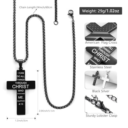 RWQIAN American Flag Cross Necklace for Men Bible Verse, Christian Religious Scriptures Faith Baptism 1st First Communion Pendant Chain for Boys, Fathers Dad Day Graduation Jewelry Gifts for Him - color: Black, style: Joshua 1:9