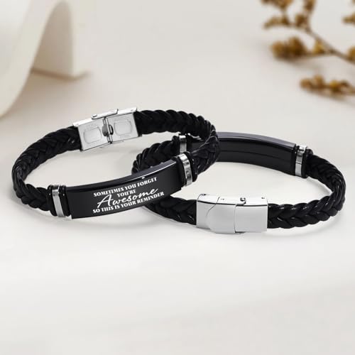 Leather Bracelet Sobriety Gifts for Men : Inspirational Quote/Bible Verse Engraved Braided Black Mens Bracelet for Him, Customized Religious Christian Gift Jewelry for Son/Dad/Boys/Boyfriend/Husband - style: 12:Sometimes you forget you're awesome