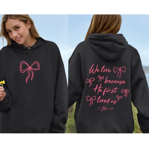 Christian Bow Hoodies for Women Cute Bow Print Sweatshirt Bible Verse Graphic Hoodie Religious Pullover Sweatshirts - color: Black, size: Medium