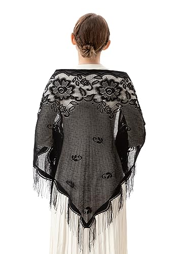PAMOR Triangle Catholic Church Veil Chapel Veil Scarf Mantilla Veils Wrap Shawl Mass Head Covering with Fringe Trim - color: Black