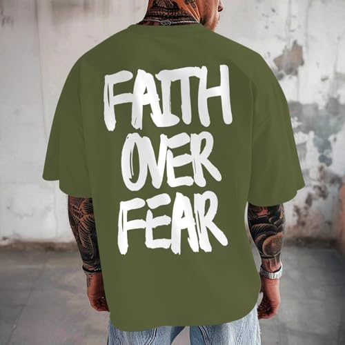 Christian Jesus Shirts for Men Faith Over Fear Shirt God Religious Bible Verse Inspirational Oversized Graphic Tees - color: Light Army Green, size: Large