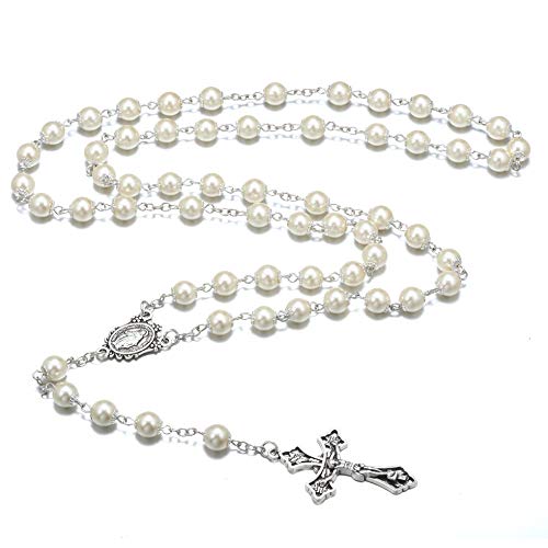Rnivida Catholic Pearl Beads Rosary Necklace Metal Beaded Miraculous Medal & Cross Rosary for Women - color: Pearl