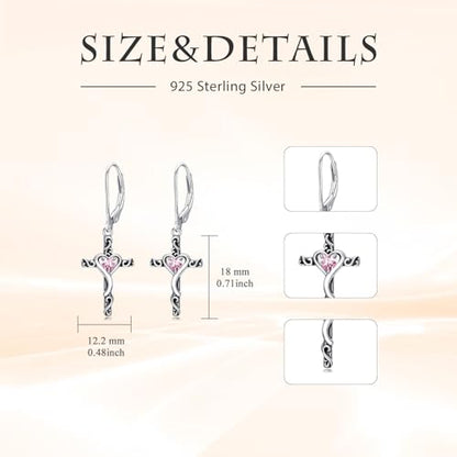 TOUPOP Cross Birthstone Earrings 925 Sterling Silver Heart Cross Dangle Earrings Fine Jewelry Christmas Birthday Gifts for Women Wife Mom Her - color: White Gold-10-October-Pink Tourmaline
