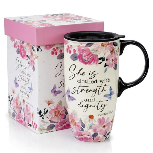 Topadorn 17oz Ceramic Travel Mug with Lid, Inspirational Floral Coffee Mug - color: Pink Floral