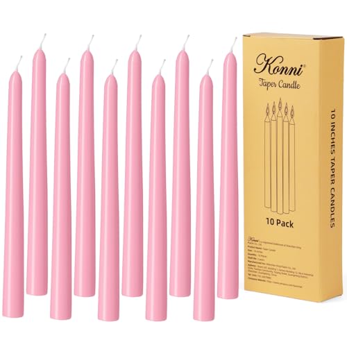 KONNI 0.87×10 Inch Pink Taper Candles, Unscented and Smokeless Tall Candlesticks, 10 Pack Tapered Candles with Cotton Wicks, Long Burning, Ideal for Weddings, Dinner Parties, and Home Décor - color: Pink