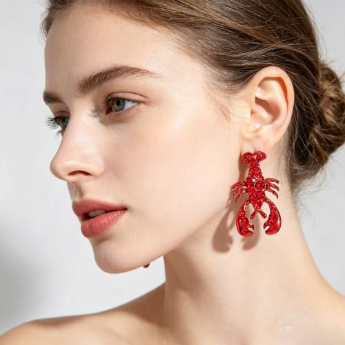 Creative Exaggerated Ocean Animal Drop Dangle Earrings for Women, Bohemia Style Alloy Lobster Octopus Fish Crab Earrings for Summer Beach Holiday Party Jewelry Gifts - style: Red Rhinestone Lobster Earrings-G